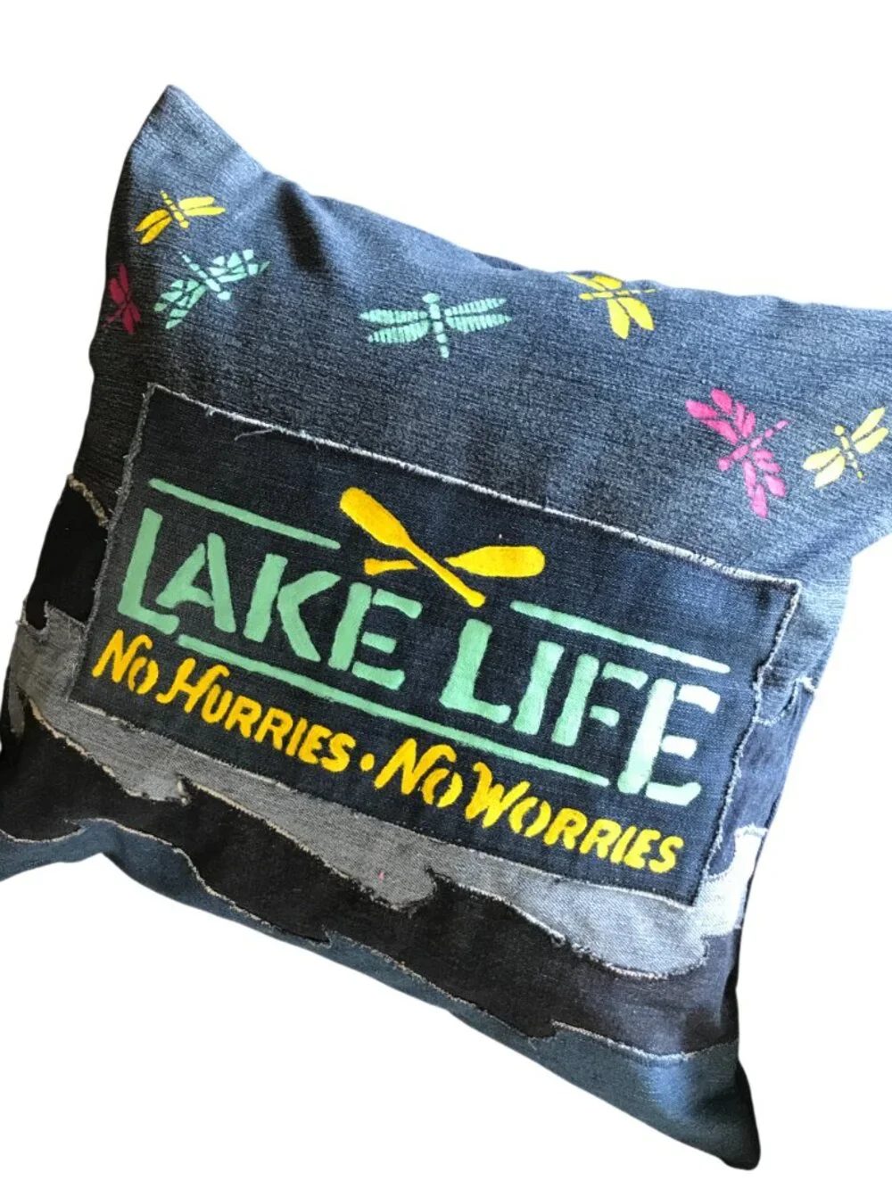 Lake House Pillow Cover 18 x 18, Lake Life Theme Cabin Decor Waves Dragonflies